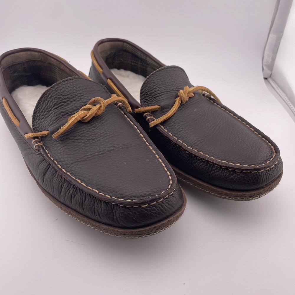 LL Bean Mens Wicked Good Slippers Brown Tumbled Leather Shearling Lined 10‎ M